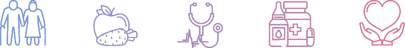 Five care and support icons. Cinq icônes de soins et d'assistance.