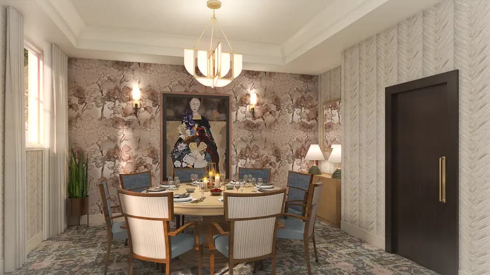 Private dining room renovation rendering with round dining table and elegant décor at Chartwell Martha's Landing / Rendu de rénovation de la salle à manger privée avec table ronde et décor élégant à Chartwell Martha's Landing
