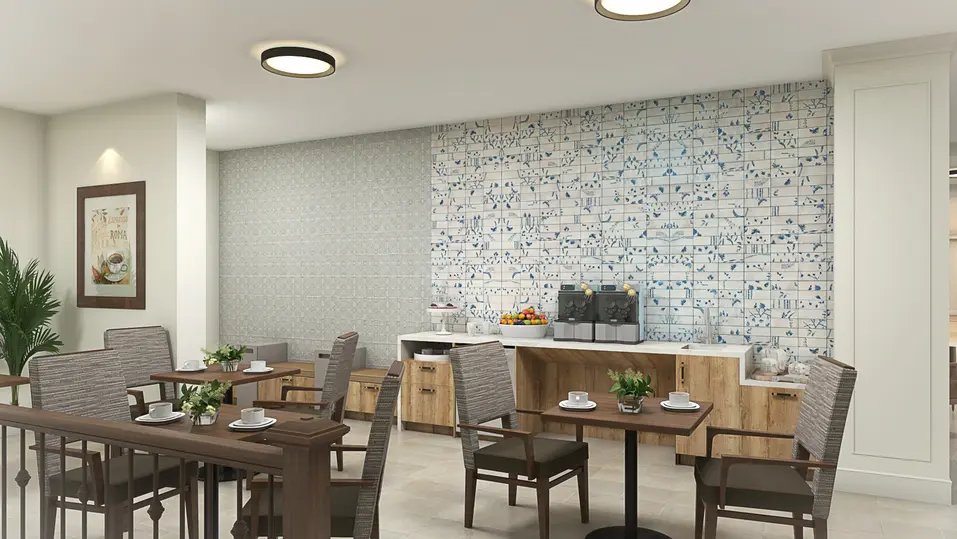 Renovation rendering of bistro at Chartwell Churchill House / Rendu de la rénovation du bistro de Chartwell Churchill House