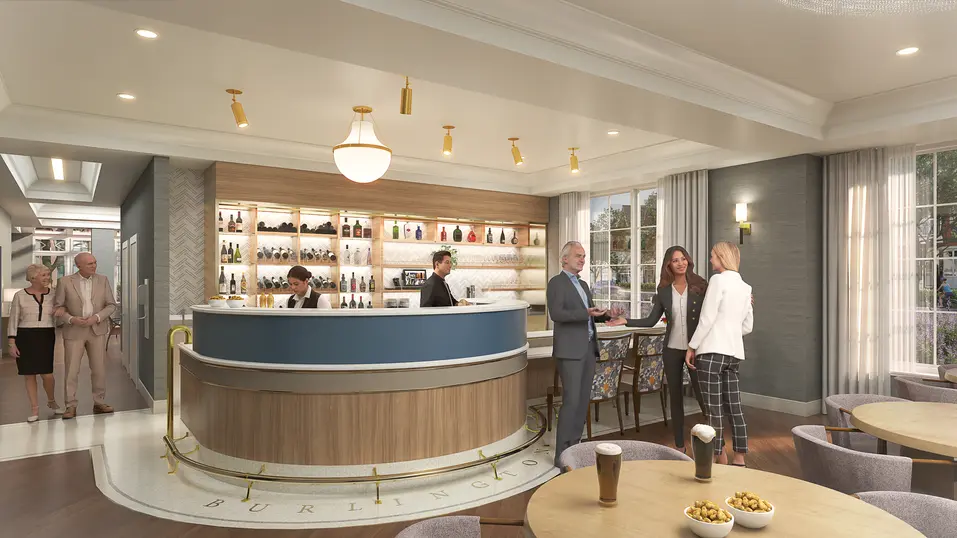 Cocktail and coffee bar renovation rendering with lounge seating and beverage service area at Chartwell Martha's Landing / Rendu de rénovation du bar à cocktails et café avec coin détente et espace de service à Chartwell Martha's Landing