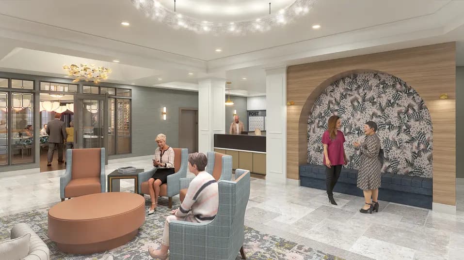 Entrance lounge renovation rendering with fireplace seating and grand lobby area at Chartwell Martha's Landing / Rendu de rénovation du salon d’entrée avec coin détente près du foyer et grand hall à Chartwell Martha's Landing