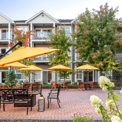 Gorgeous patio with sitting area at Chartwell Chatsworth Retirement Residence