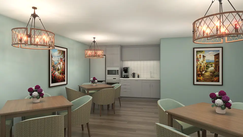 Renovation rendering of country kitchen at Chartwell Lansing / Rendu de la rénovation de la cuisine de campagne chez Chartwell Lansing