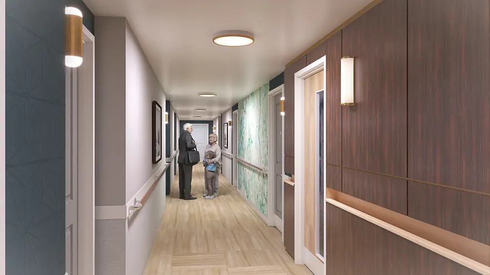 Renovation rendering of corridor at Chartwell Grenadier / Rendu de la rénovation du couloir à Chartwell Grenadier