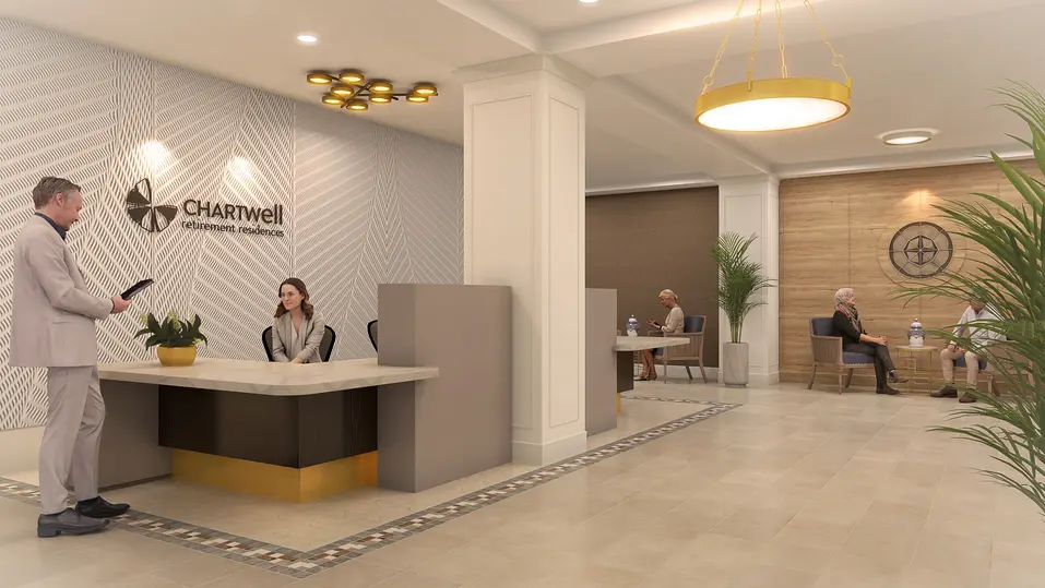 Renovation rendering of reception area at Chartwell Churchill House / Rendu de la rénovation de la réception de Chartwell Churchill House
