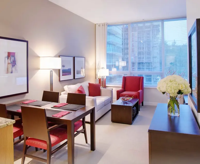 Model suite of living area at Chartwell Wesbrook Village
