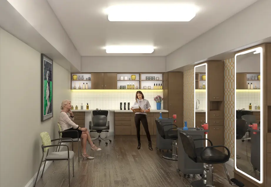 Renovation rendering of salon at Chartwell Lansing / Rendu de la rénovation du salon de Chartwell Lansing