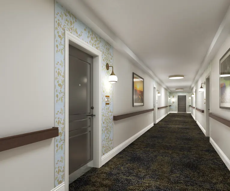 Renovation rendering of aisle at Chartwell Churchill House / Rendu de la rénovation de l'allée de Chartwell Churchill House