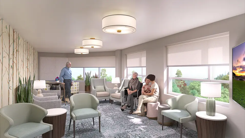 Renovation rendering of lounge at Chartwell Grenadier / Rendu de la rénovation du salon du Chartwell Grenadier