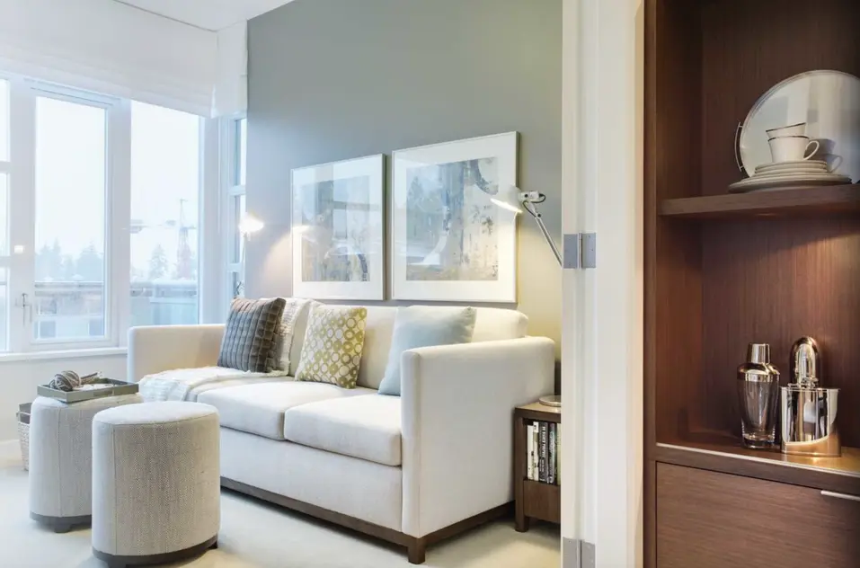 Model suite of living area at Chartwell Wesbrook Village
