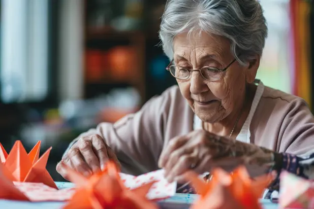 Senior woman is doing origami with coloured papers / Une femme âgée fait de l'origami avec des papiers colorés