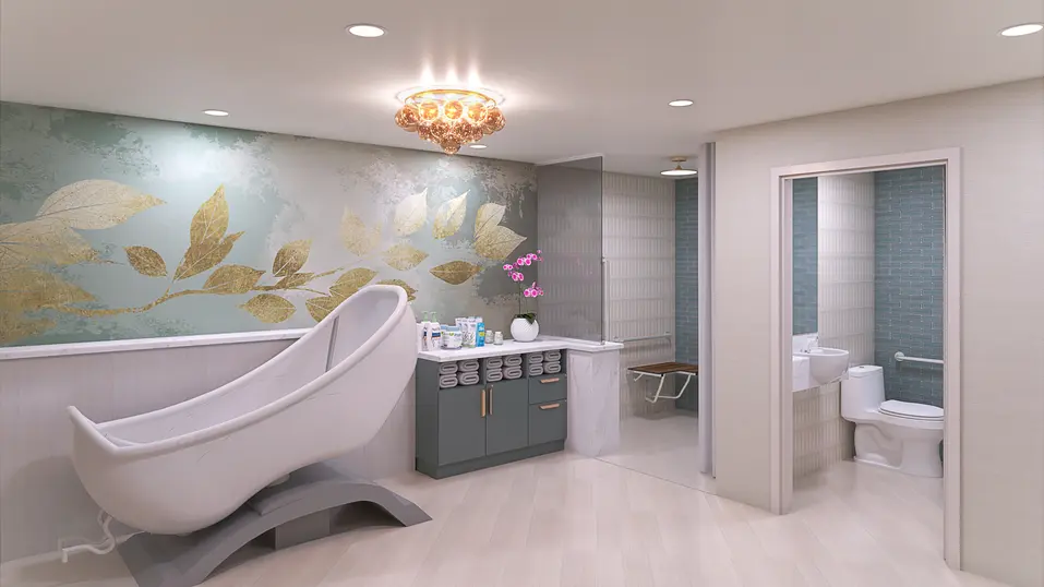 Renovation rendering of tub room at Chartwell Grenadier / Rendu de la rénovation de la salle de bain à Chartwell Grenadier