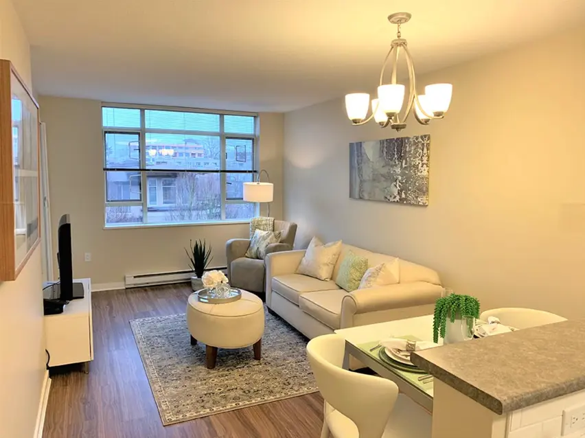 Suite model of living room at Chartwell Arbutus