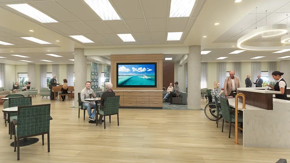 Social lounge and bar renovation rendering with seating and large TV at Chartwell Grenadier / Rendu de rénovation du salon social et bar avec sièges et grand téléviseur à Chartwell Grenadier