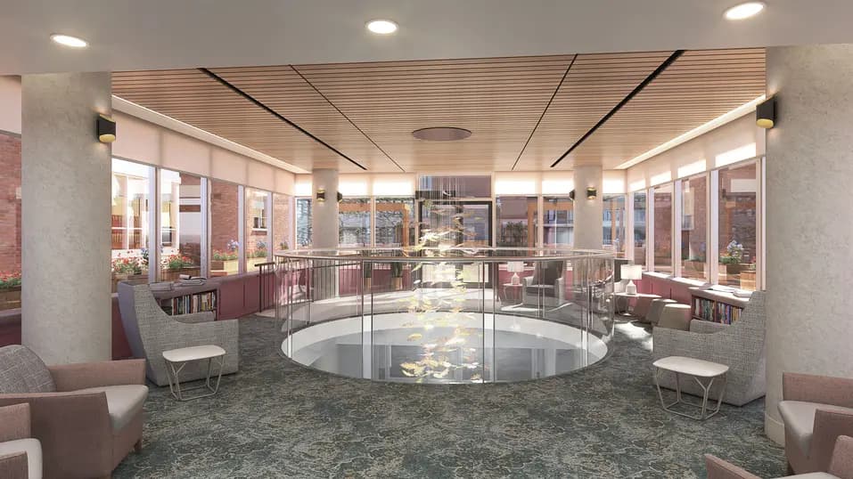 Lounge common area renovation rendering with surrounding windows and sitting areas at Chartwell Grenadier / Rendu de la rénovation de l'espace commun du salon, avec les fenêtres environnantes et les coins salon, à Chartwell Grenadier
