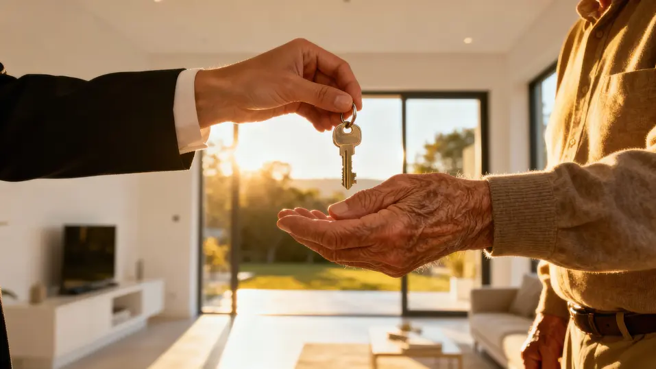 Real estate agent is handing over a key to a senior / L'agent immobilier remet une clé à une personne âgée