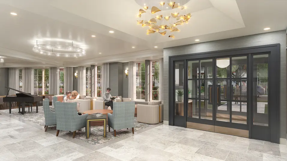 Lobby lounge renovation rendering with reception area and comfortable seating at Chartwell Martha's Landing / Rendu de rénovation du salon du hall avec aire de réception et sièges confortables à Chartwell Martha's Landing