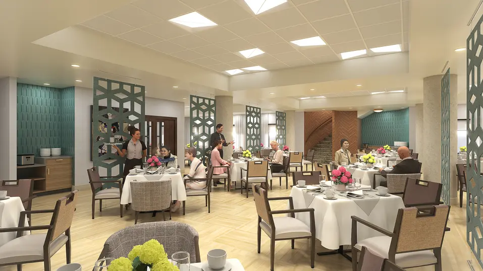 Dining room renovation rendering with round tables and elegant seating at Chartwell Grenadier / Rendu de rénovation de la salle à manger avec tables rondes et sièges élégants à Chartwell Grenadier