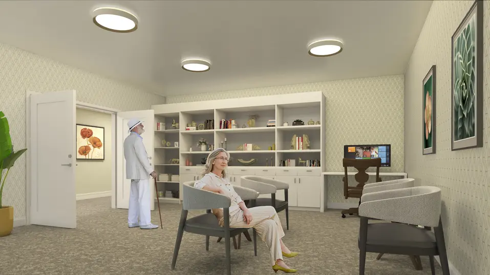Renovation rendering of library at Chartwell Lansing / Rendu de la rénovation de la bibliothèque de Chartwell Lansing