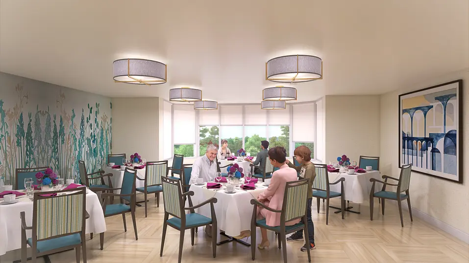 Renovation rendering of dining room at Chartwell Grenadier / Rendu de la rénovation de la salle à manger du Chartwell Grenadier