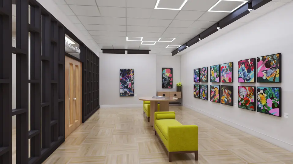 Gallery renovation rendering with artwork display and seating at Chartwell Grenadier / Rendu de rénovation du galerie avec œuvres d’art et sièges à Chartwell Grenadier