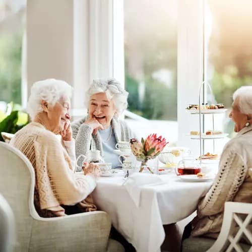 group of senior women laughing having a tea party with tea cups and a three-tier tray of treats sitting next to a large window.