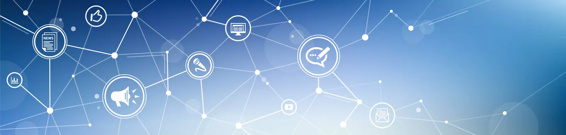 Blubs of media symbols are connected like a web on the blue to white gradation background.
