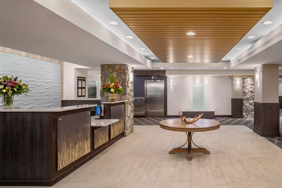 open and bright reception area at chartwell fountains of mission retirement residence